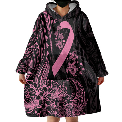 Polynesian Pink Power Wearable Blanket Hoodie Breast Cancer Ribbon Turtle and Flowers