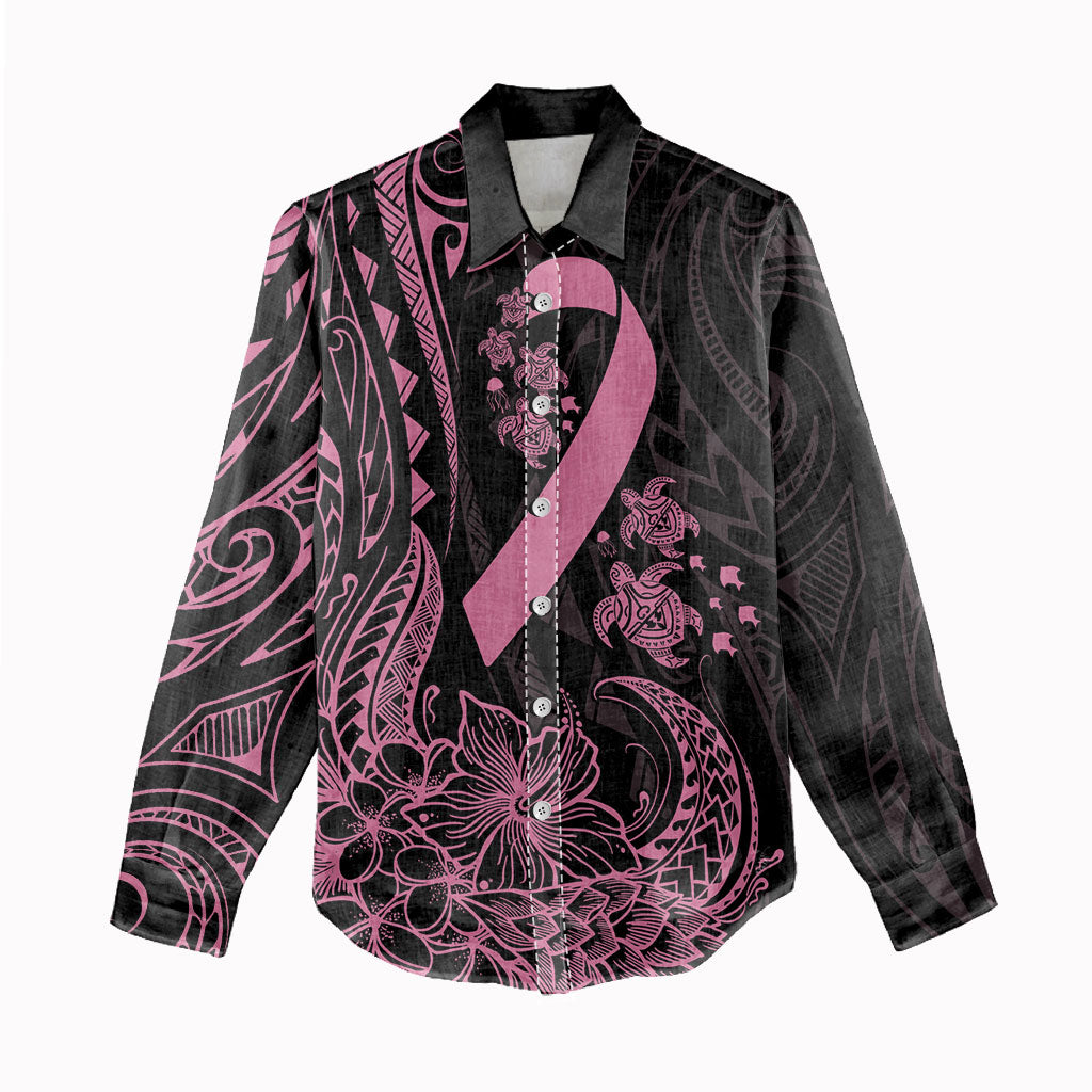 Polynesian Pink Power Women Casual Shirt Breast Cancer Ribbon Turtle and Flowers