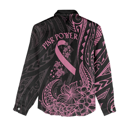 Polynesian Pink Power Women Casual Shirt Breast Cancer Ribbon Turtle and Flowers