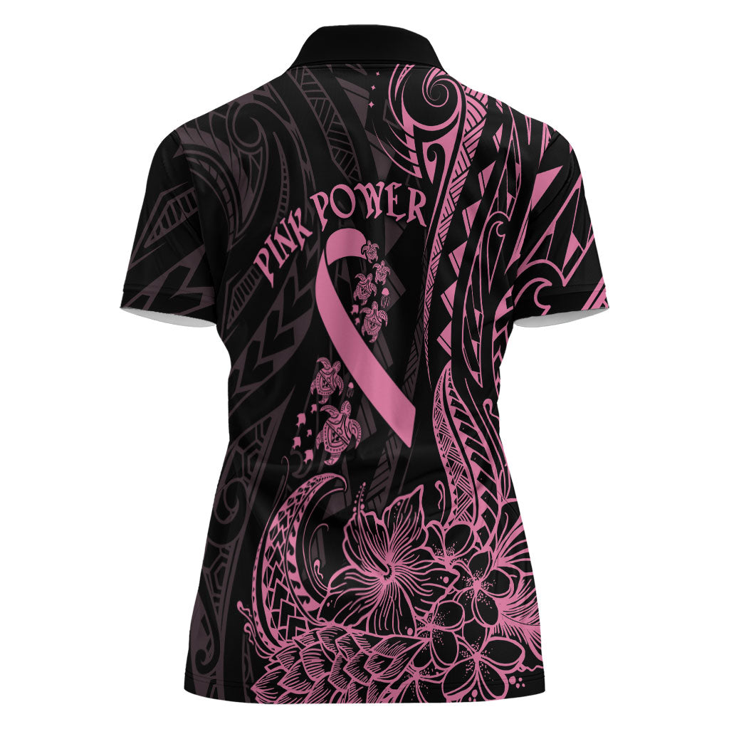 Polynesian Pink Power Women Polo Shirt Breast Cancer Ribbon Turtle and Flowers