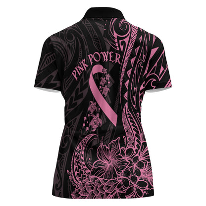 Polynesian Pink Power Women Polo Shirt Breast Cancer Ribbon Turtle and Flowers