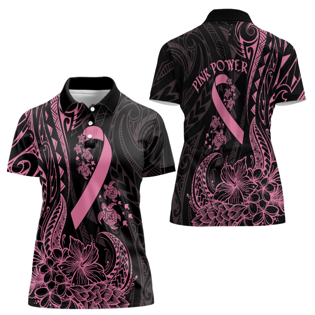 Polynesian Pink Power Women Polo Shirt Breast Cancer Ribbon Turtle and Flowers
