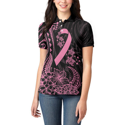 Polynesian Pink Power Women Polo Shirt Breast Cancer Ribbon Turtle and Flowers