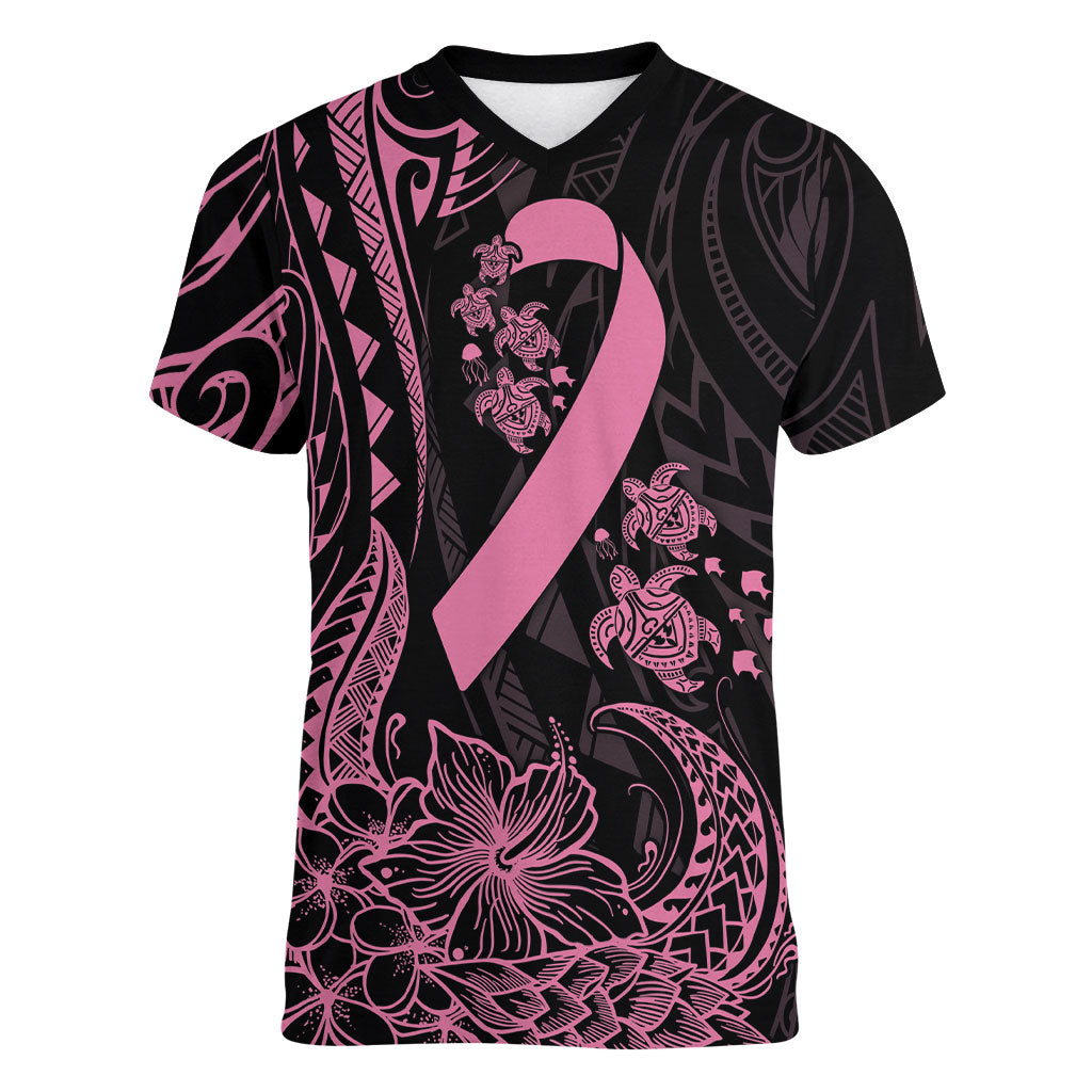Polynesian Pink Power Women V-Neck T-Shirt Breast Cancer Ribbon Turtle and Flowers