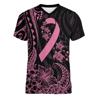 Polynesian Pink Power Women V-Neck T-Shirt Breast Cancer Ribbon Turtle and Flowers