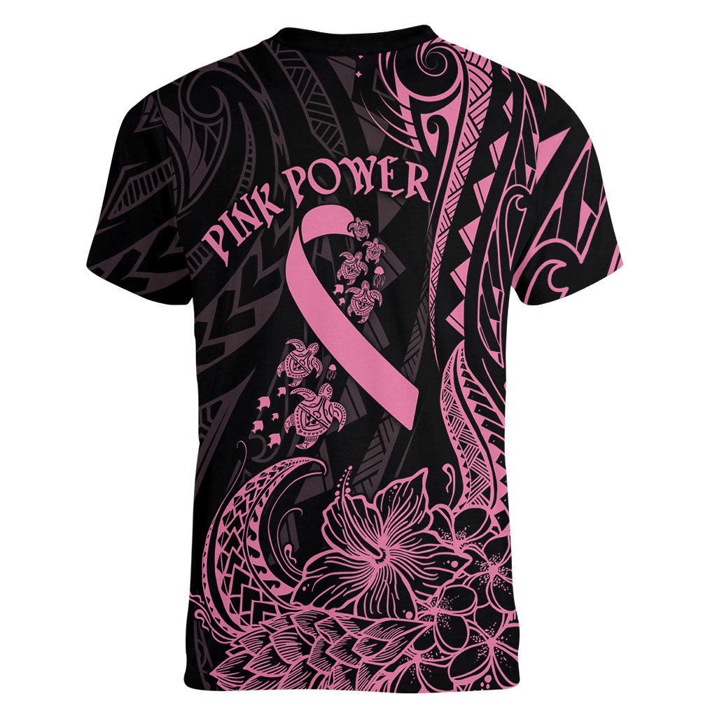 Polynesian Pink Power Women V-Neck T-Shirt Breast Cancer Ribbon Turtle and Flowers