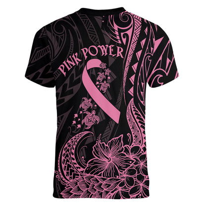 Polynesian Pink Power Women V-Neck T-Shirt Breast Cancer Ribbon Turtle and Flowers