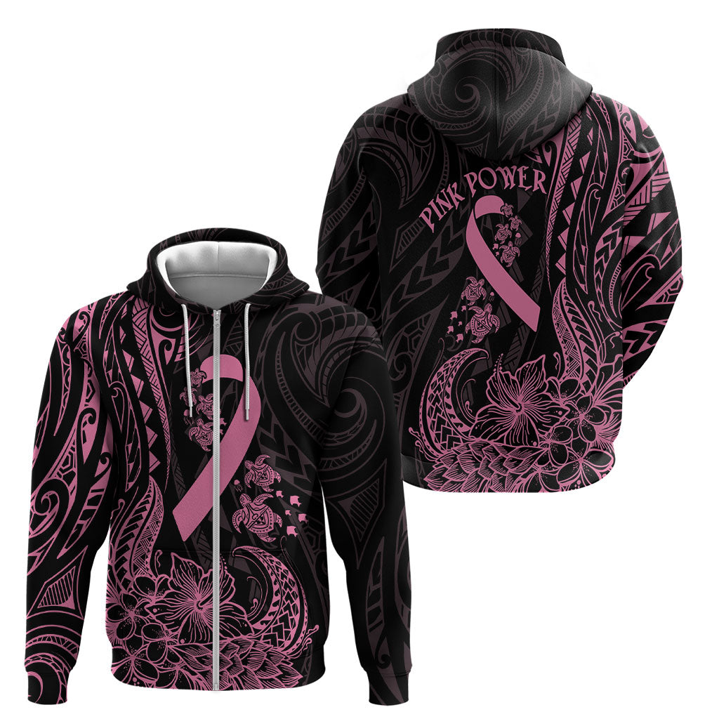Polynesian Pink Power Zip Hoodie Breast Cancer Ribbon Turtle and Flowers