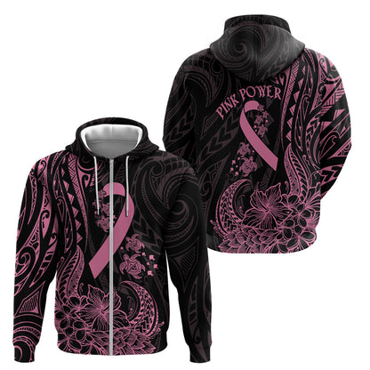 Polynesian Pink Power Zip Hoodie Breast Cancer Ribbon Turtle and Flowers