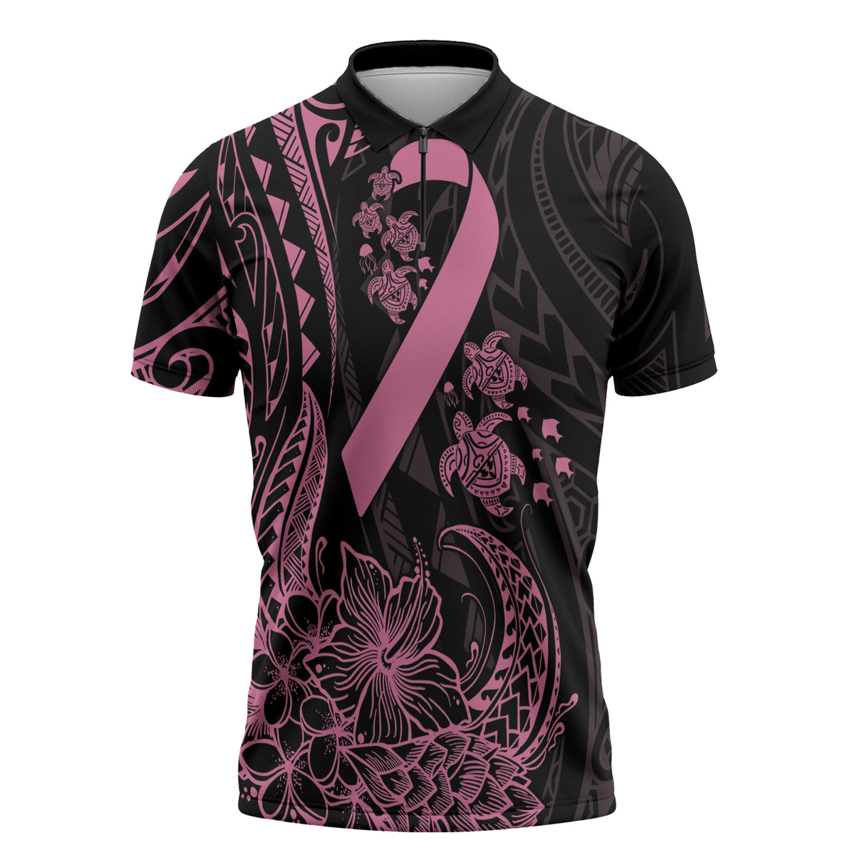 Polynesian Pink Power Zipper Polo Shirt Breast Cancer Ribbon Turtle and Flowers