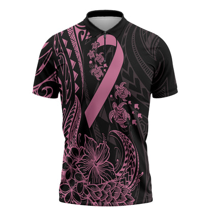 Polynesian Pink Power Zipper Polo Shirt Breast Cancer Ribbon Turtle and Flowers