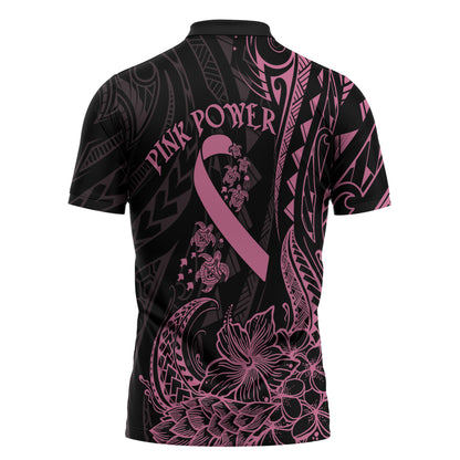 Polynesian Pink Power Zipper Polo Shirt Breast Cancer Ribbon Turtle and Flowers