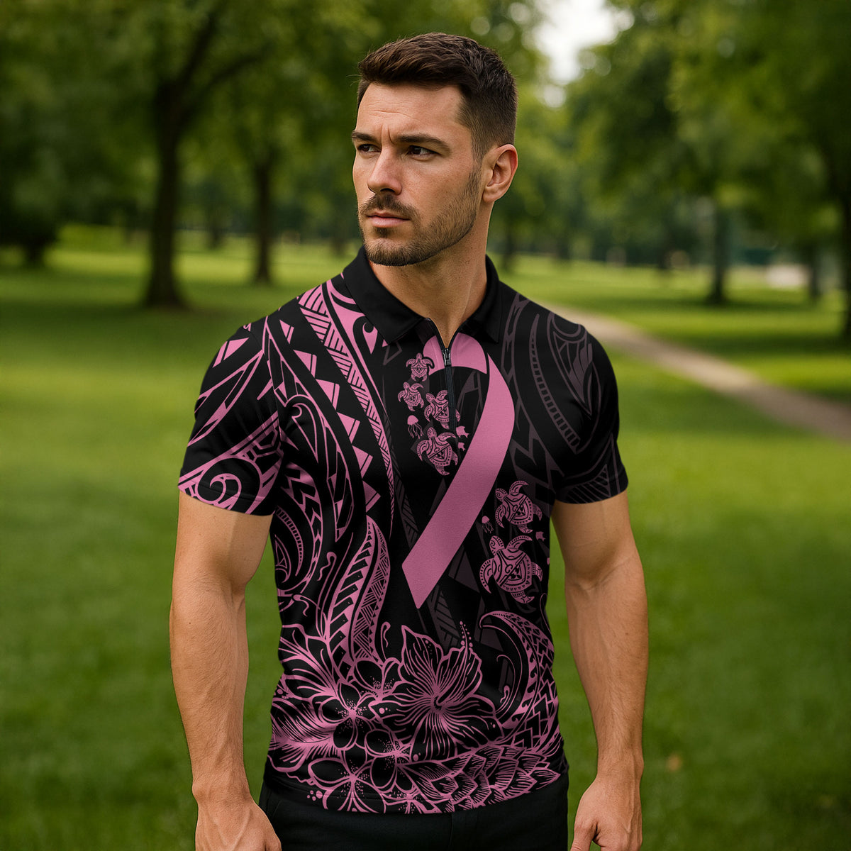 Polynesian Pink Power Zipper Polo Shirt Breast Cancer Ribbon Turtle and Flowers