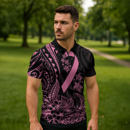 Polynesian Pink Power Zipper Polo Shirt Breast Cancer Ribbon Turtle and Flowers