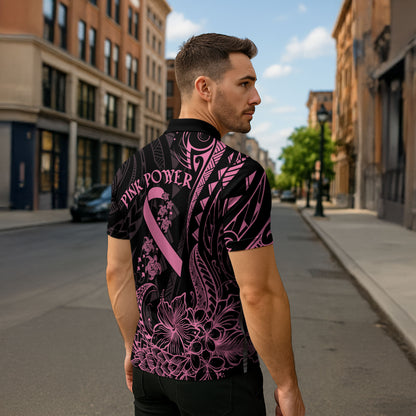 Polynesian Pink Power Zipper Polo Shirt Breast Cancer Ribbon Turtle and Flowers
