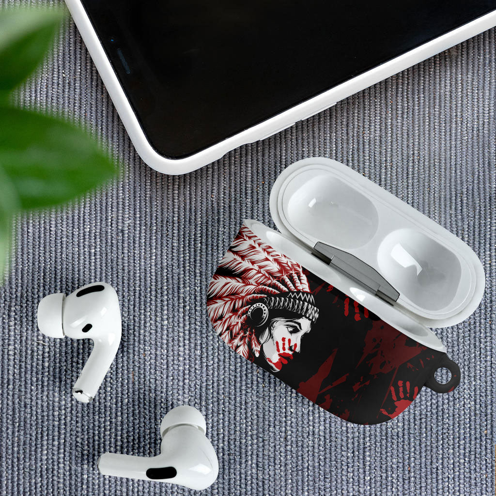 Native American MMIW AirPods Case Red Handprint Grunge Style