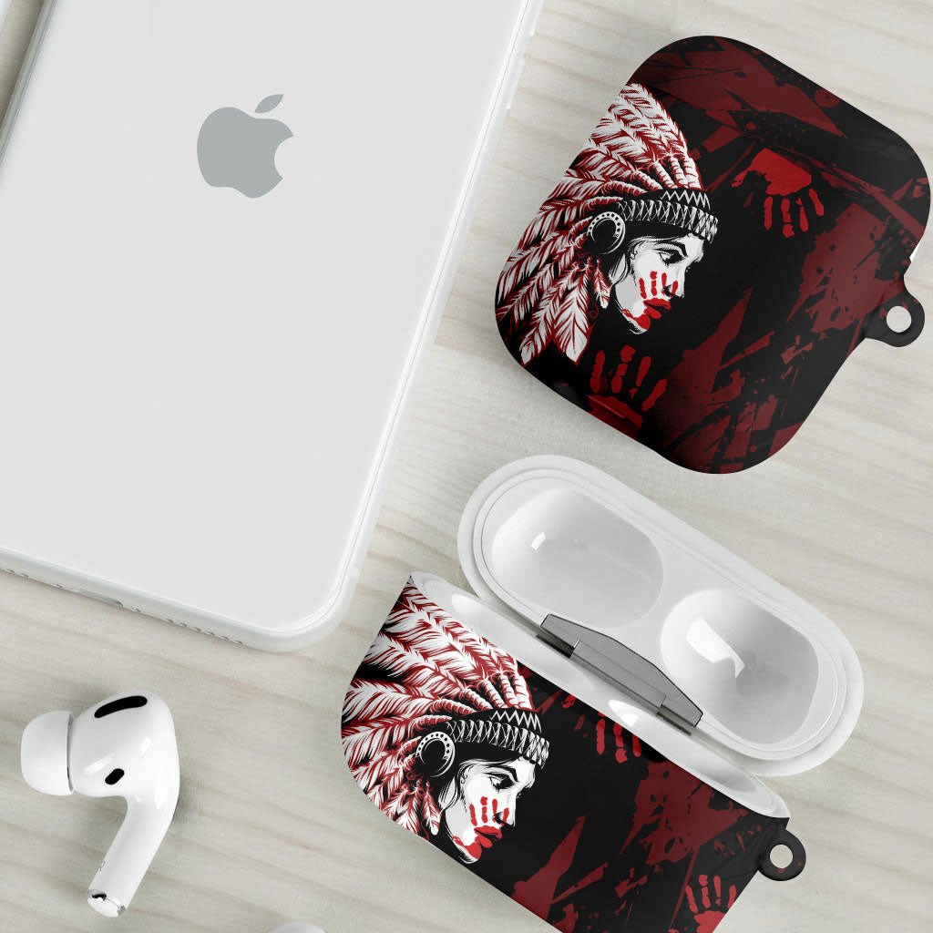 Native American MMIW AirPods Case Red Handprint Grunge Style