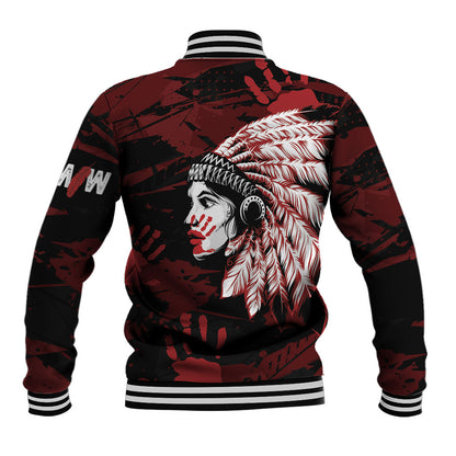 Native American MMIW Baseball Jacket Red Handprint Grunge Style