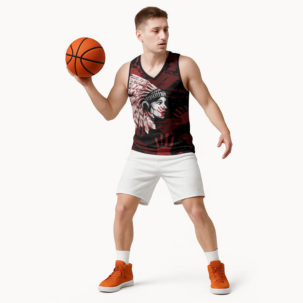 Native American MMIW Basketball Jersey Red Handprint Grunge Style