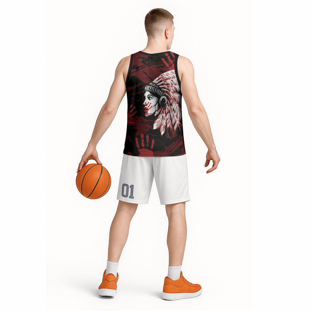 Native American MMIW Basketball Jersey Red Handprint Grunge Style
