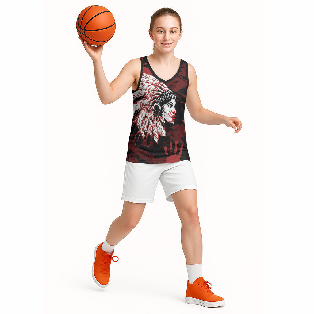 Native American MMIW Basketball Jersey Red Handprint Grunge Style