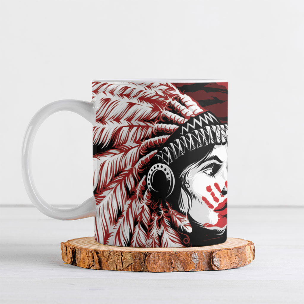 Native American MMIW Ceramic Mug Red Handprint Grunge Style