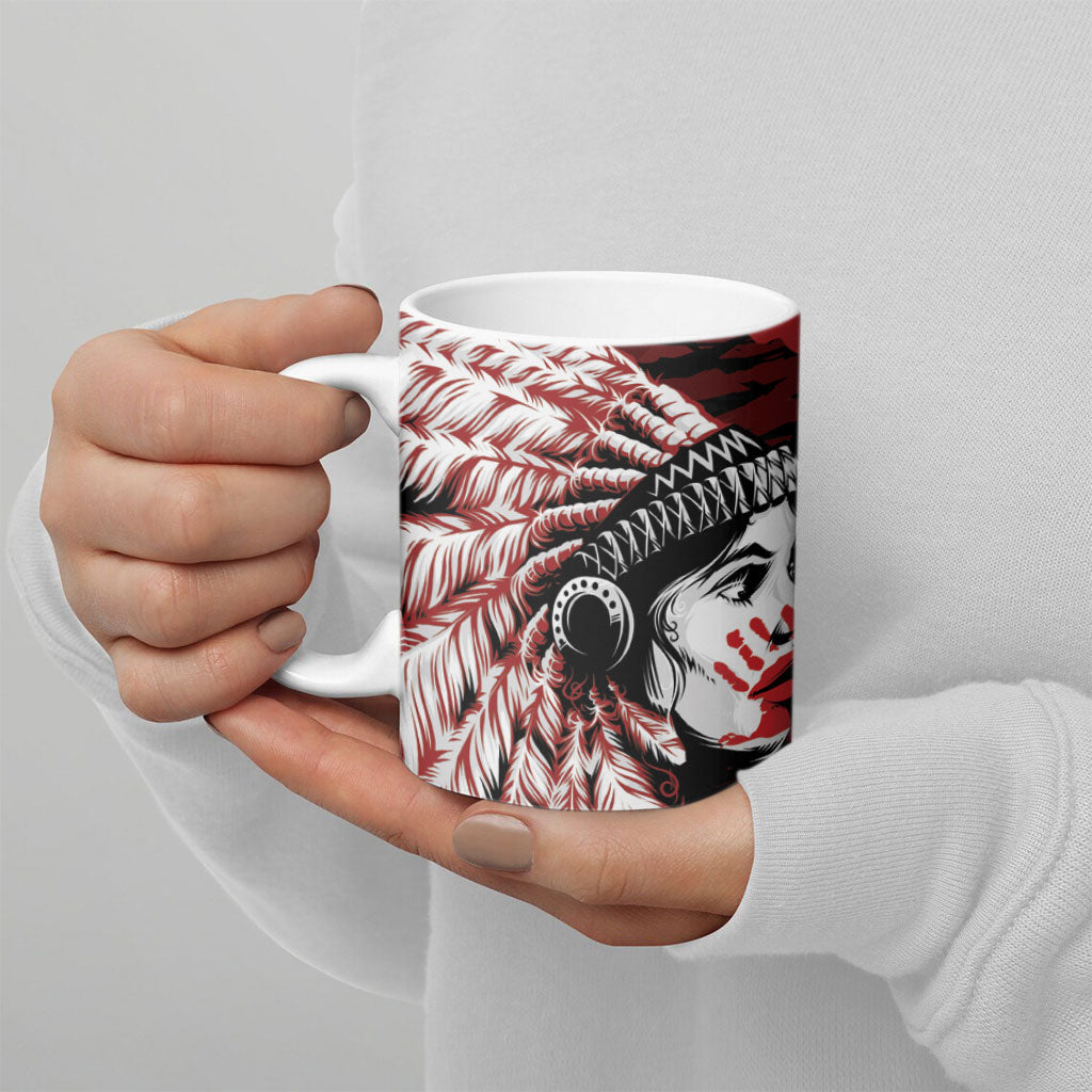 Native American MMIW Ceramic Mug Red Handprint Grunge Style