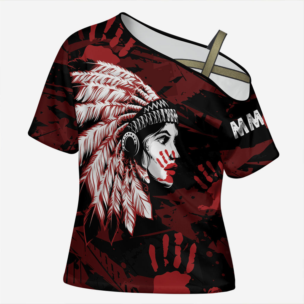 Native American MMIW Cross Shoulder Shirt Red Handprint Grunge Style