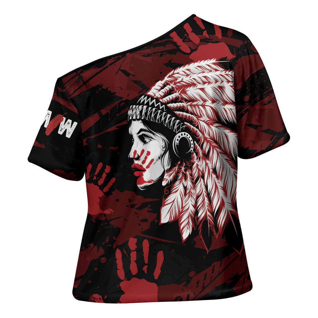 Native American MMIW Cross Shoulder Shirt Red Handprint Grunge Style