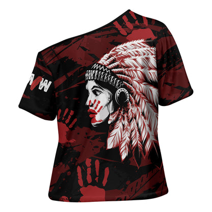 Native American MMIW Cross Shoulder Shirt Red Handprint Grunge Style