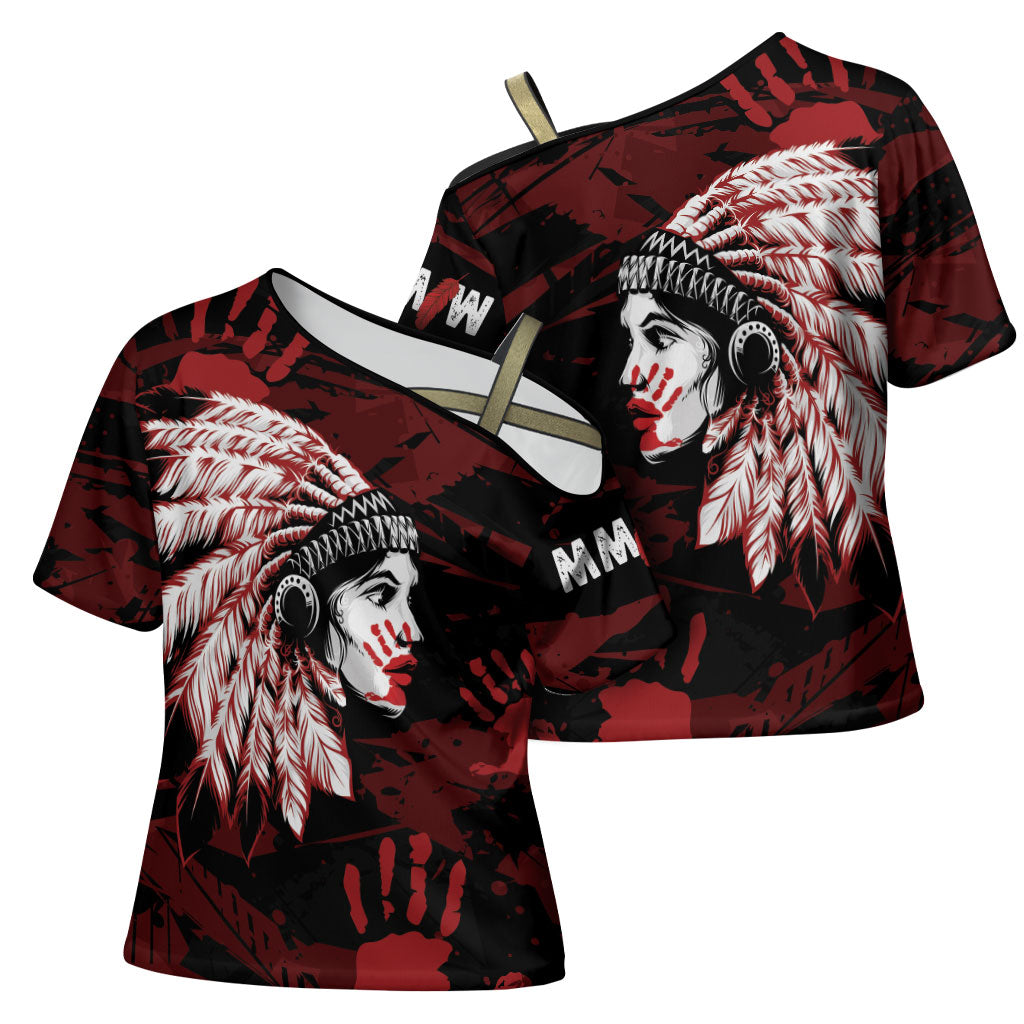 Native American MMIW Cross Shoulder Shirt Red Handprint Grunge Style