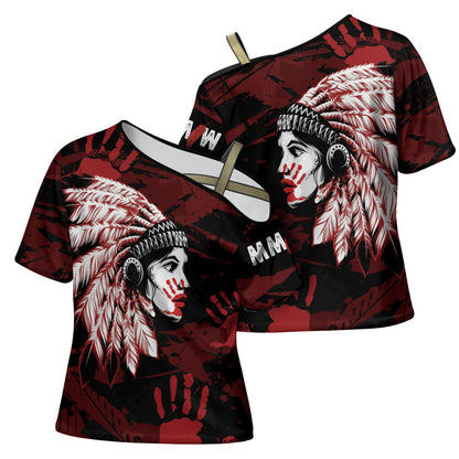 Native American MMIW Cross Shoulder Shirt Red Handprint Grunge Style