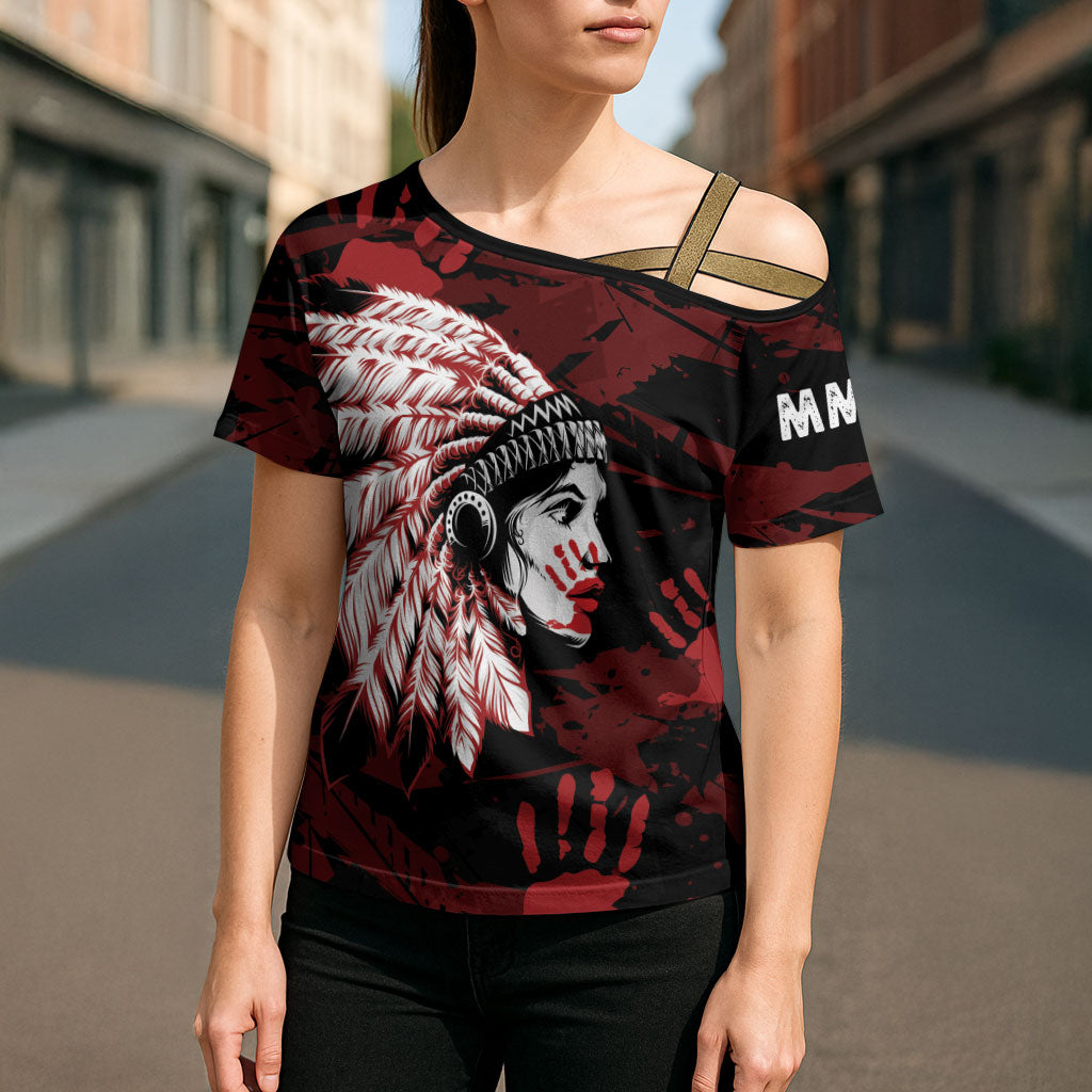 Native American MMIW Cross Shoulder Shirt Red Handprint Grunge Style