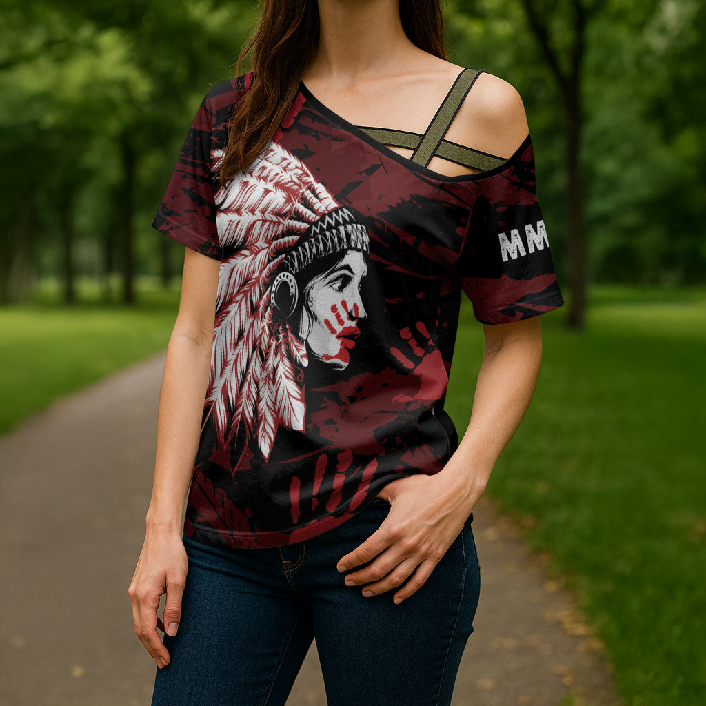 Native American MMIW Cross Shoulder Shirt Red Handprint Grunge Style