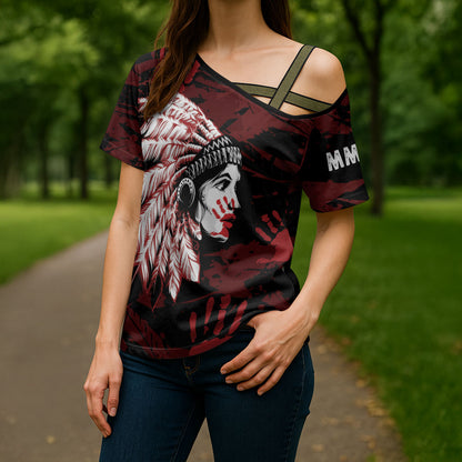 Native American MMIW Cross Shoulder Shirt Red Handprint Grunge Style