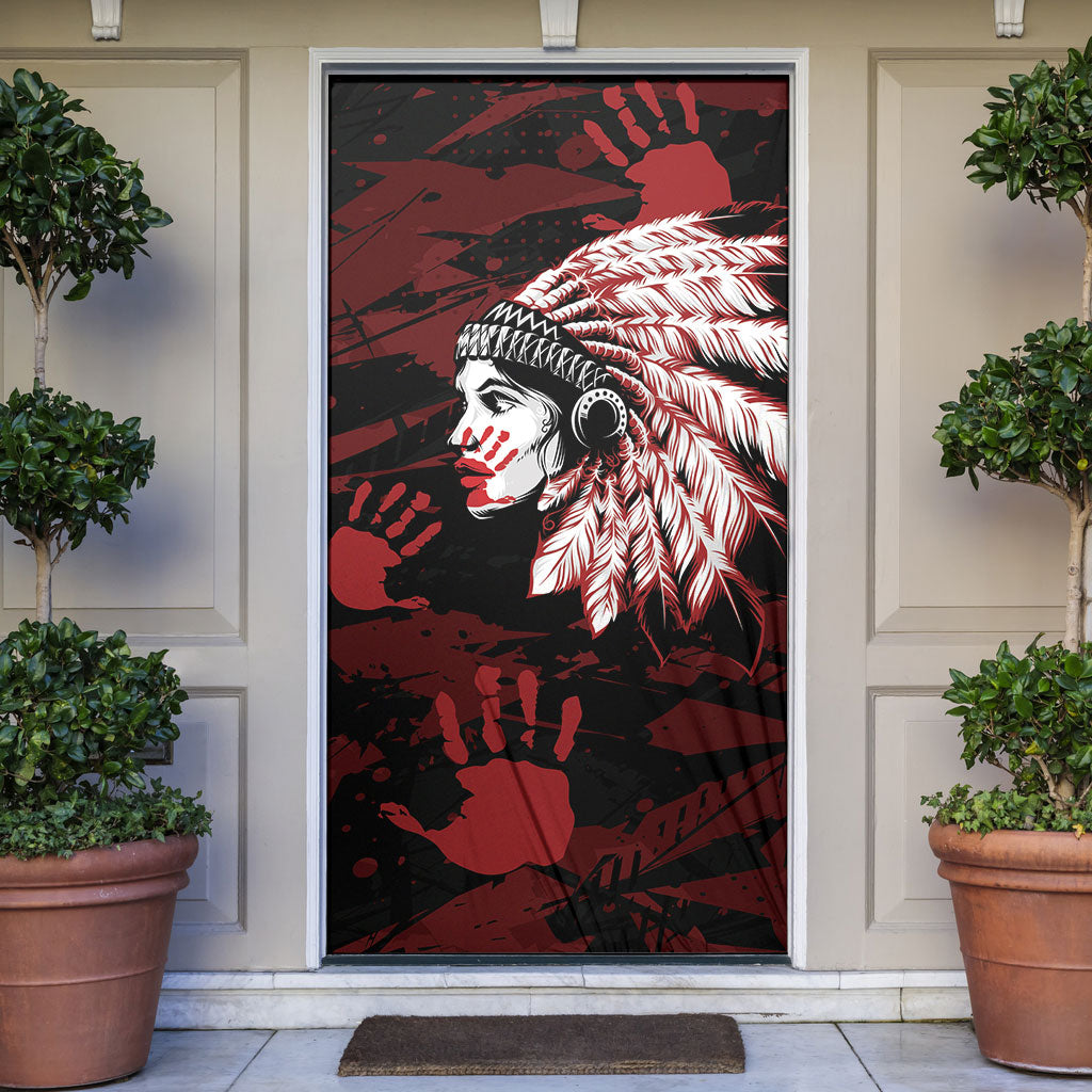 Native American MMIW Door Cover Red Handprint Grunge Style