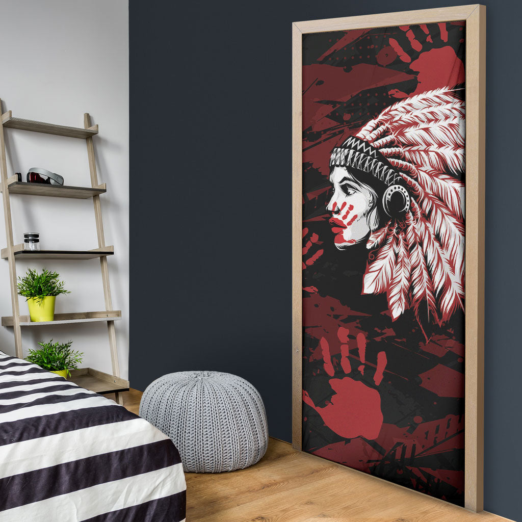 Native American MMIW Door Cover Red Handprint Grunge Style