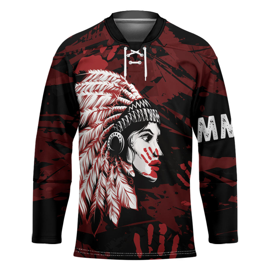 Native American MMIW Hockey Jersey Red Handprint Grunge Style