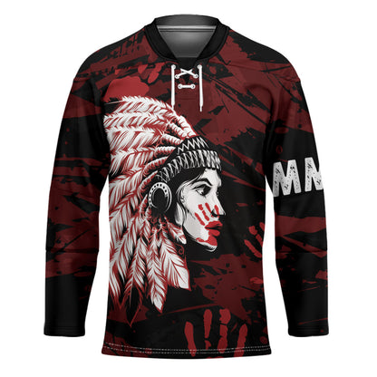 Native American MMIW Hockey Jersey Red Handprint Grunge Style