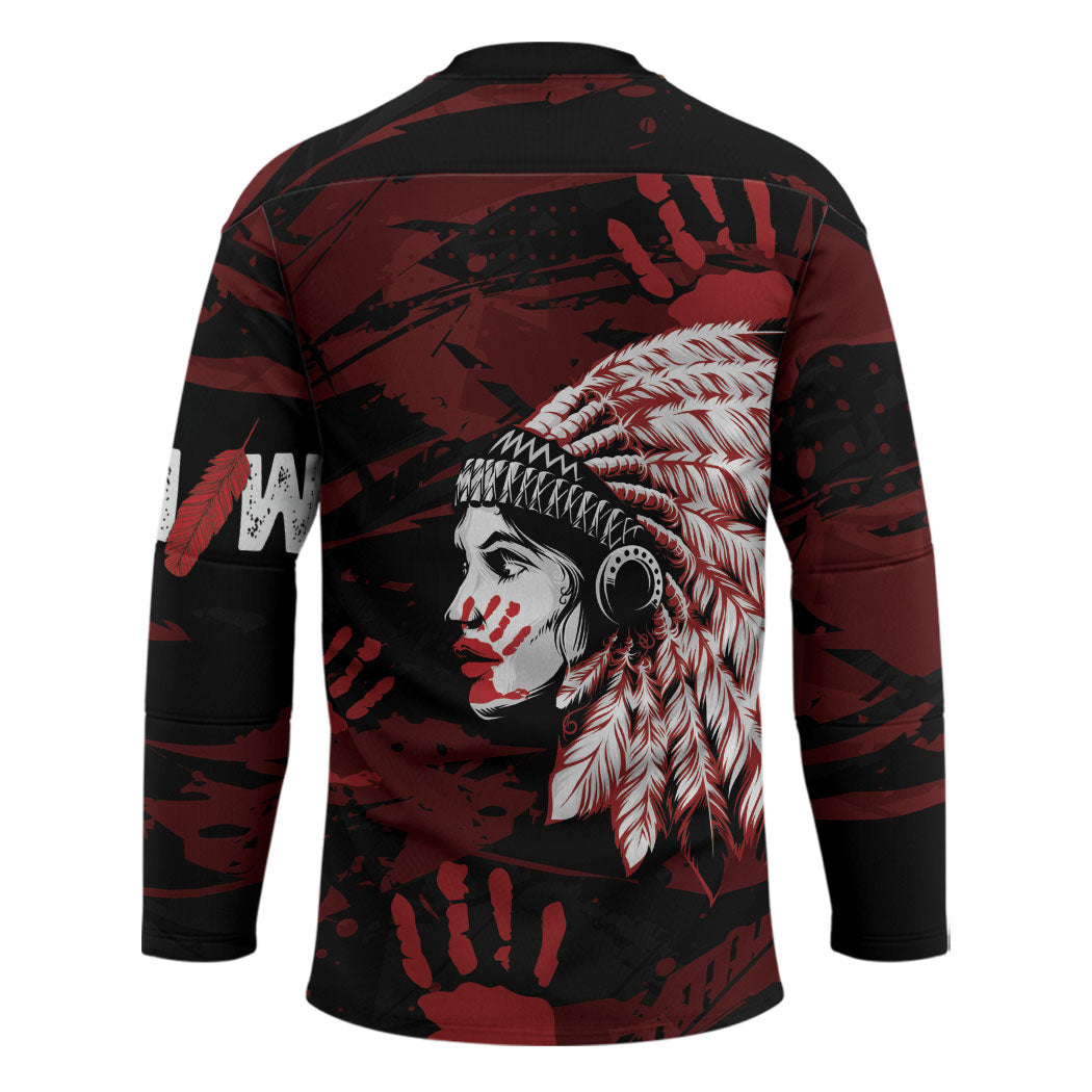Native American MMIW Hockey Jersey Red Handprint Grunge Style