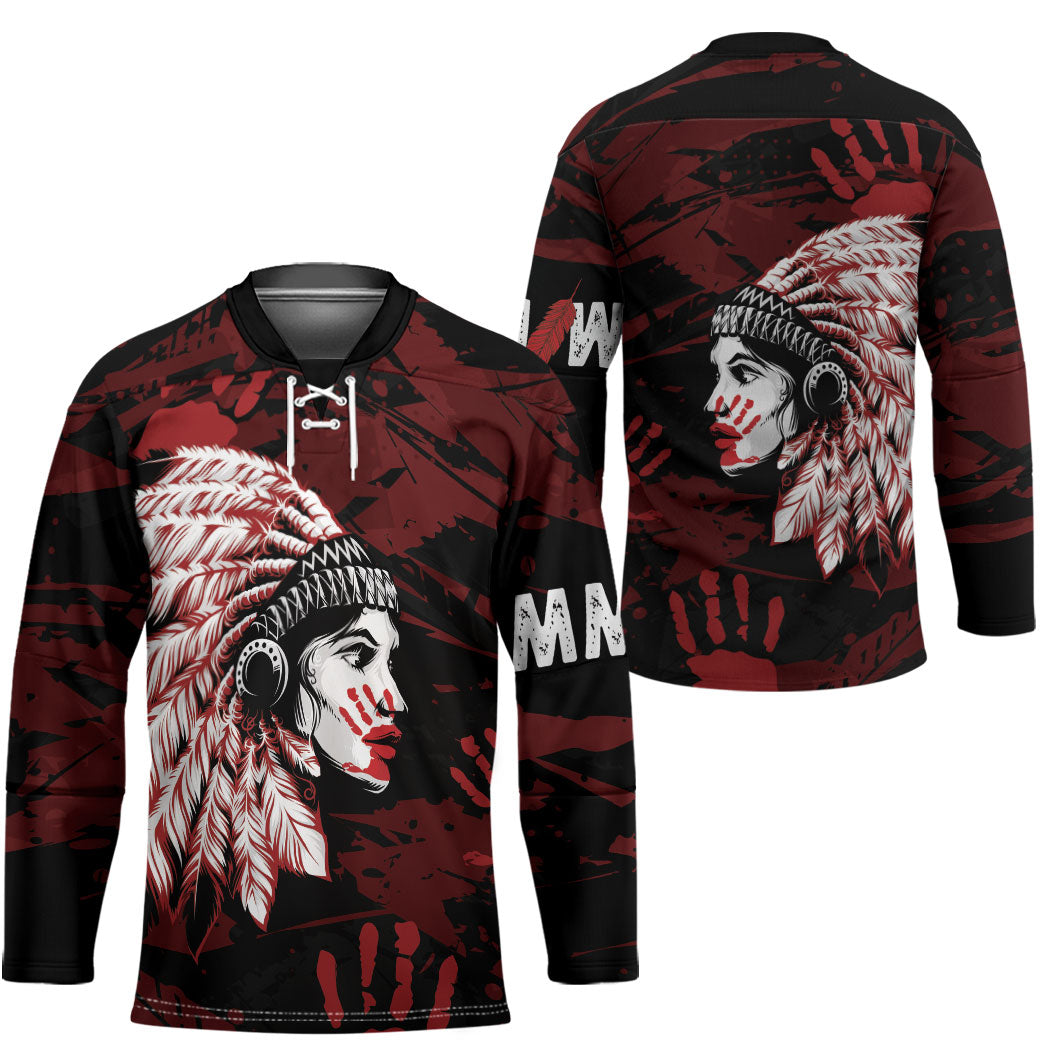 Native American MMIW Hockey Jersey Red Handprint Grunge Style