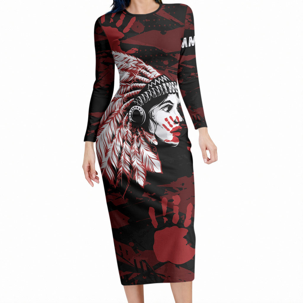 Native American MMIW Long Sleeve Bodycon Dress Red Handprint Grunge Style