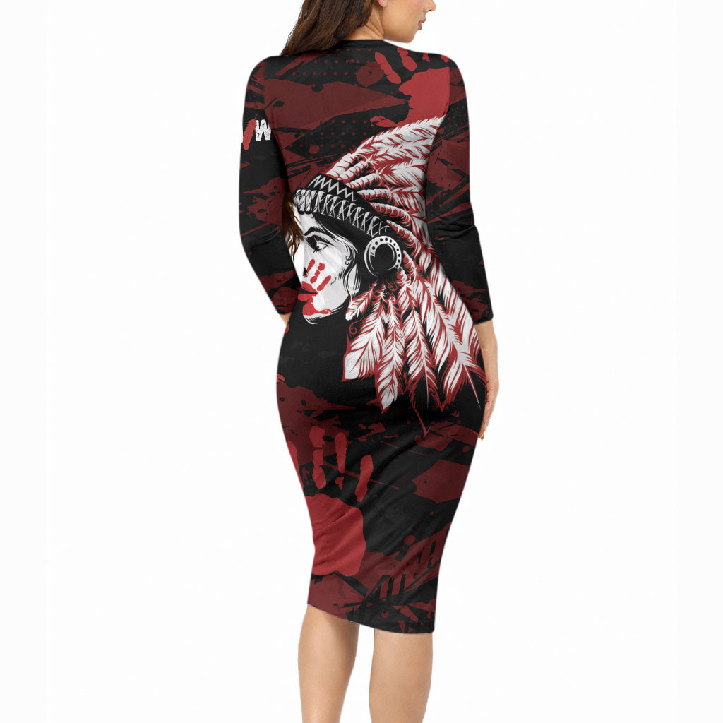 Native American MMIW Long Sleeve Bodycon Dress Red Handprint Grunge Style