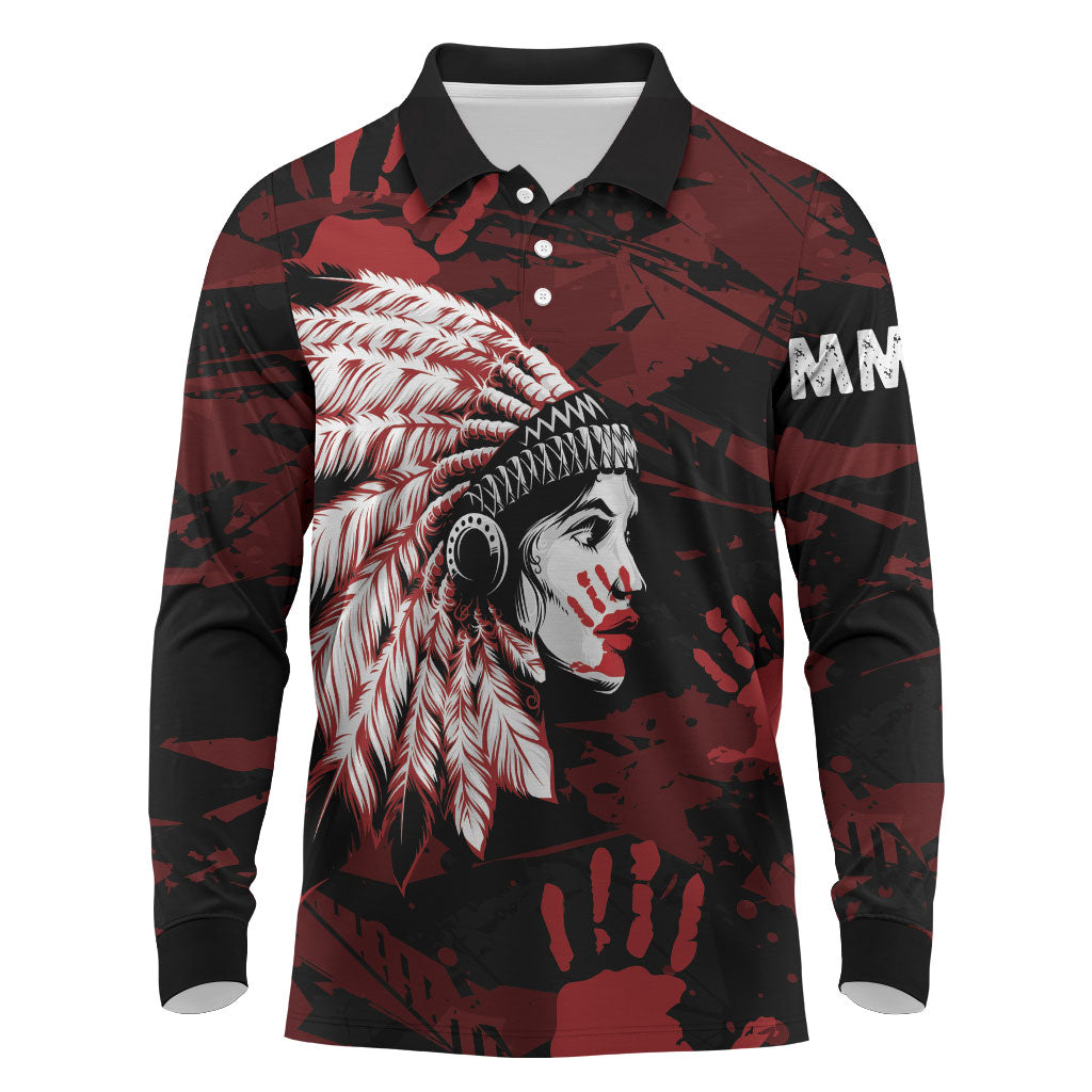 Native American MMIW Long Sleeve Polo Shirt Red Handprint Grunge Style