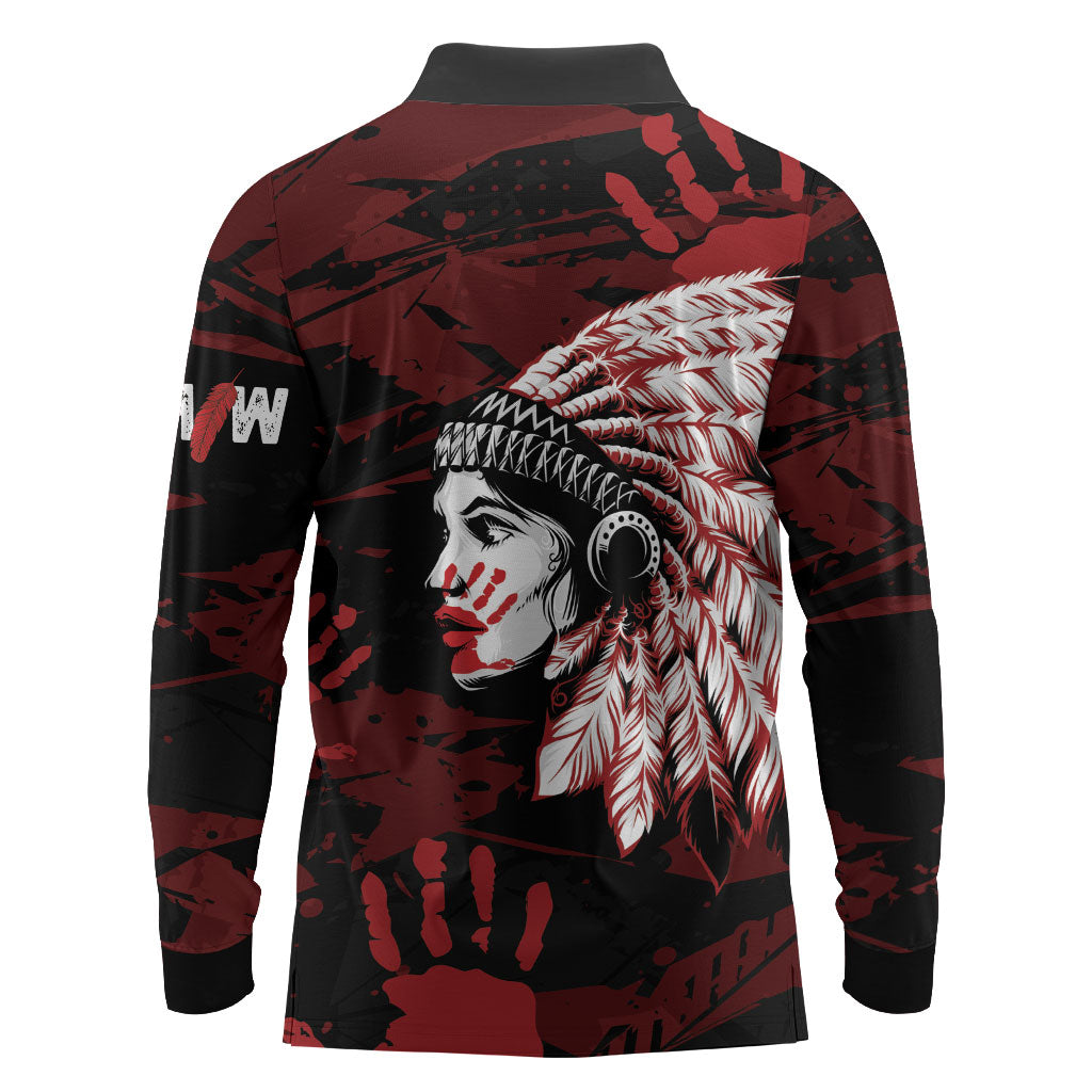 Native American MMIW Long Sleeve Polo Shirt Red Handprint Grunge Style