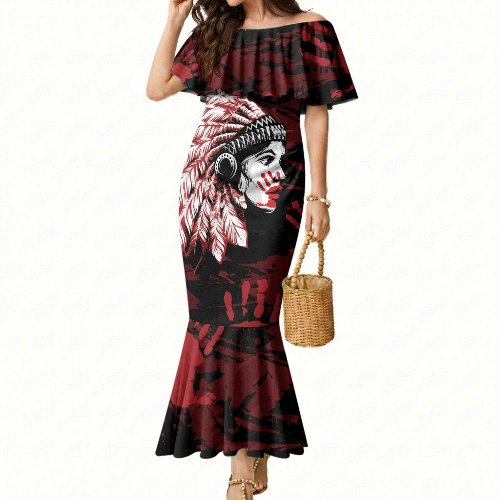 Native American MMIW Mermaid Dress Red Handprint Grunge Style