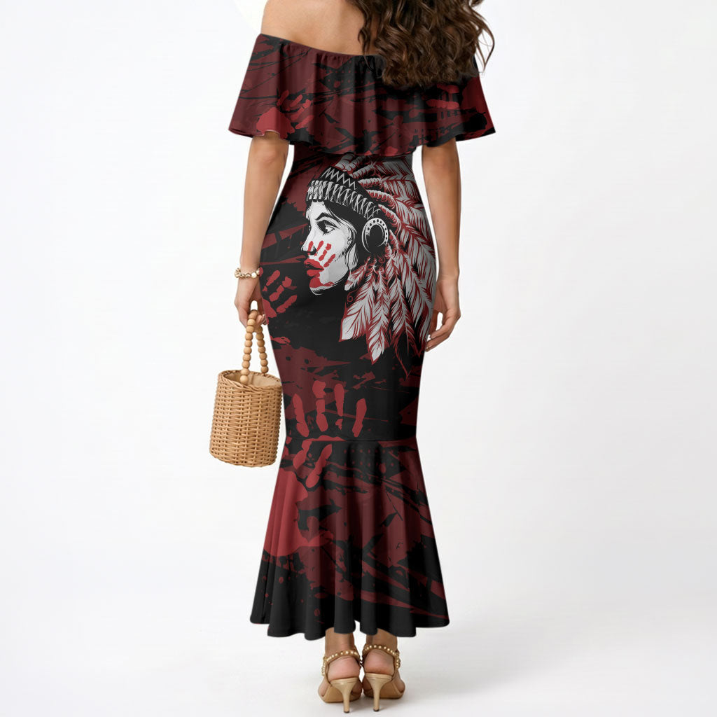 Native American MMIW Mermaid Dress Red Handprint Grunge Style