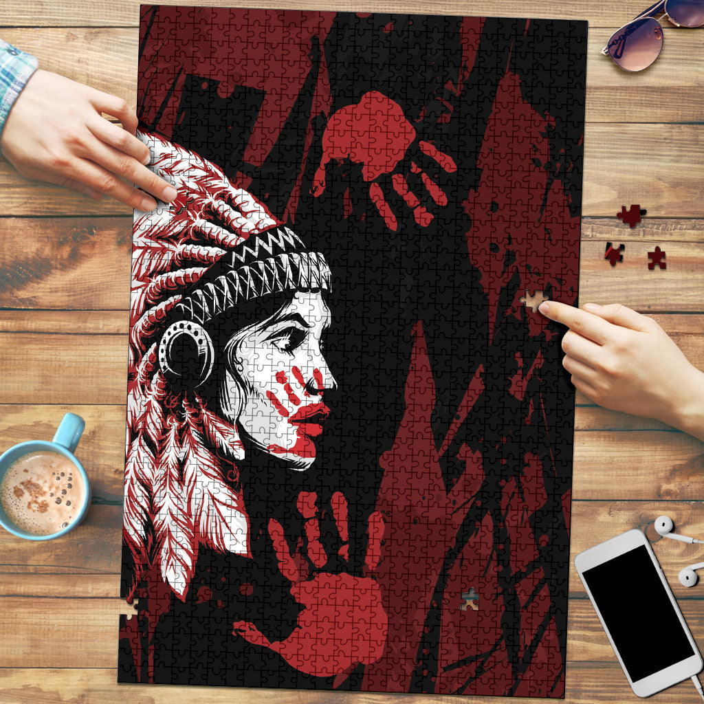 Native American MMIW Puzzle Red Handprint Grunge Style