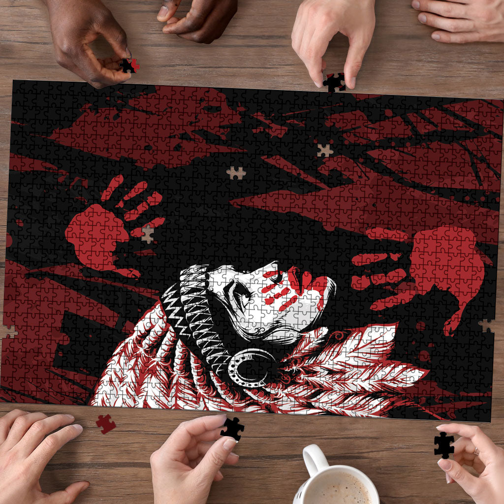 Native American MMIW Puzzle Red Handprint Grunge Style