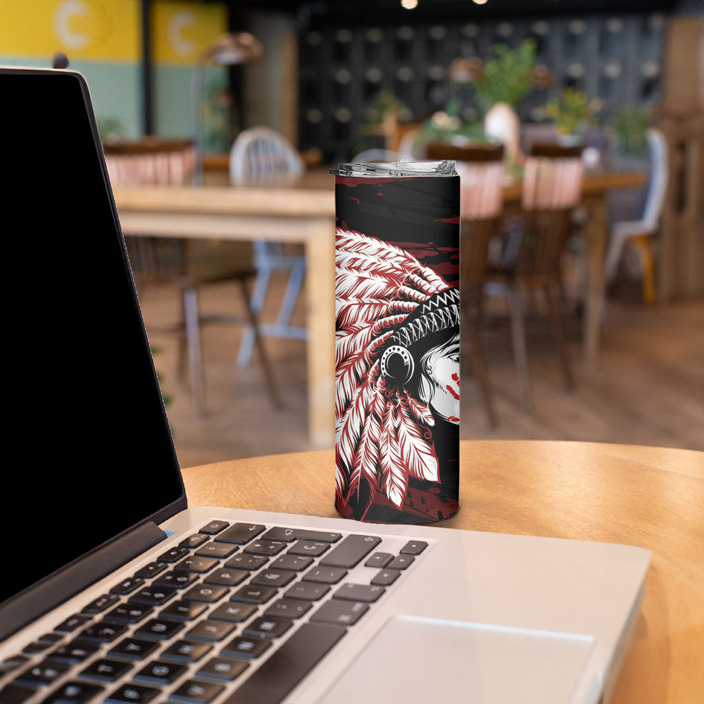 Native American MMIW Skinny Tumbler Red Handprint Grunge Style